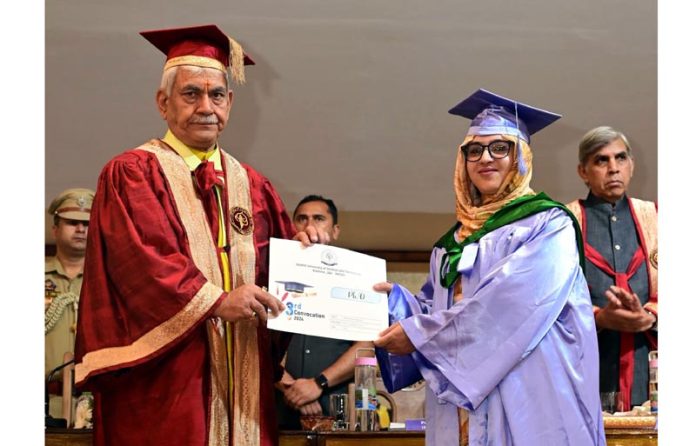 LG Manoj Sinha awarding degree to a student at IUST convocation in Awantipora on Thursday.