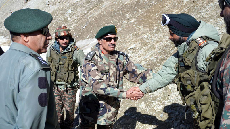 GOC Leh Lieutenant General Hitesh Bhalla interacting with troops during his visit to the forward areas of Ladakh on Thursday.