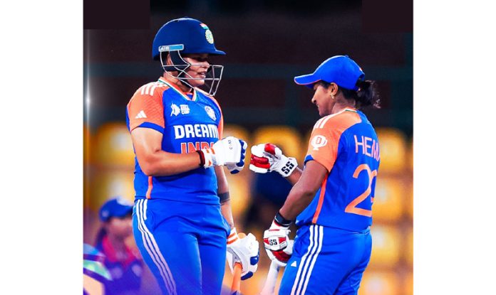 Shafali Verma celebrating with team player after smashing 81 runs in 48 balls against Nepal during Women’s Asia Cup T20 match at Dambulla on Tuesday.