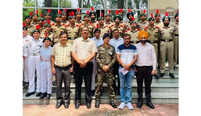 NCC Unit of MAM College along with Principal and others during annual Rank Ceremony for NCC on Tuesday.