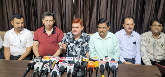 Central body members of Private Schools Association talking to media persons at Jammu on Saturday.