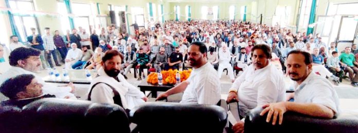 JKPCC Chief Vikar Rasool Wani along with other party leaders attending a public meeting in Doda on Saturday.