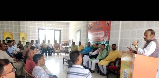 Senior BJP leader Devender Singh Rana during a party meeting on Monday.