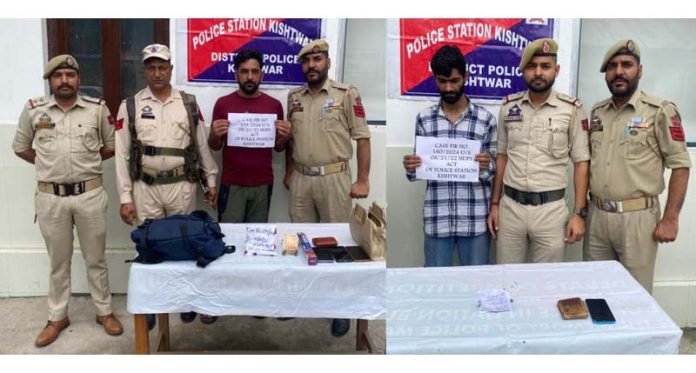 Police in Kishtwar presenting drug peddlers who were arrested on Saturday with heroin. -Excelsior/Tilak Raj