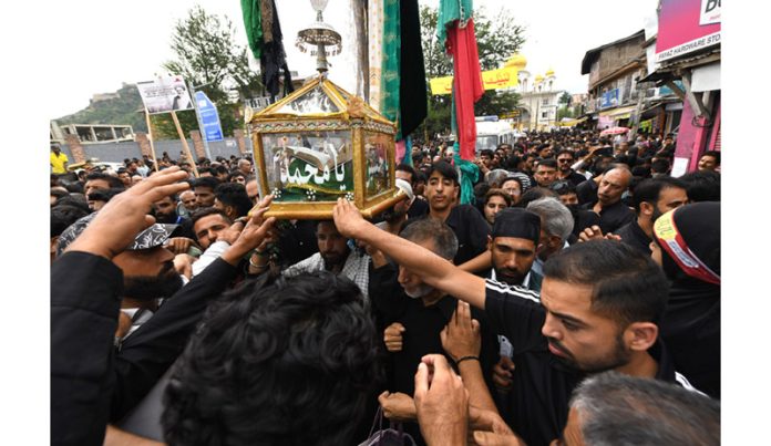 Shia Muslim mourners taking part in a Muharram procession on the seventh day of Ashura in Srinagar. - Excelsior/Shakeel