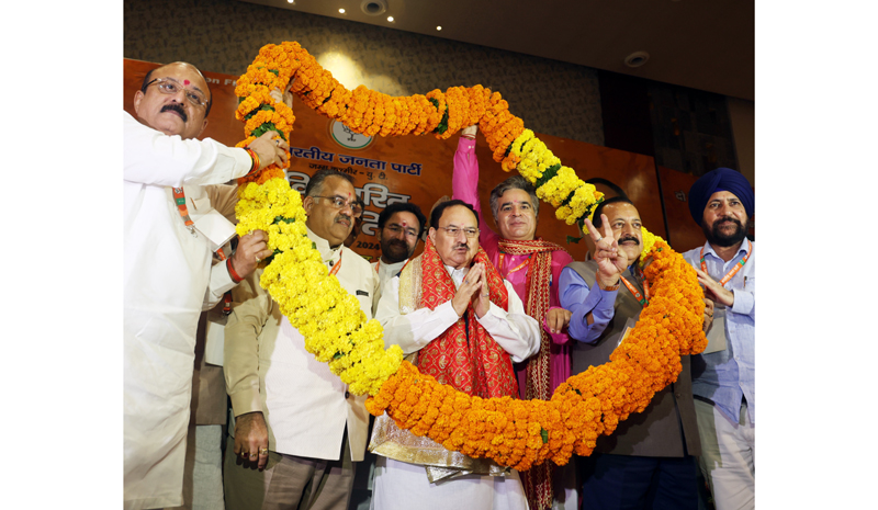 BJP leaders welcoming party national president J P Nadda at Mishriwala on Saturday.— Excelsior/Rakesh