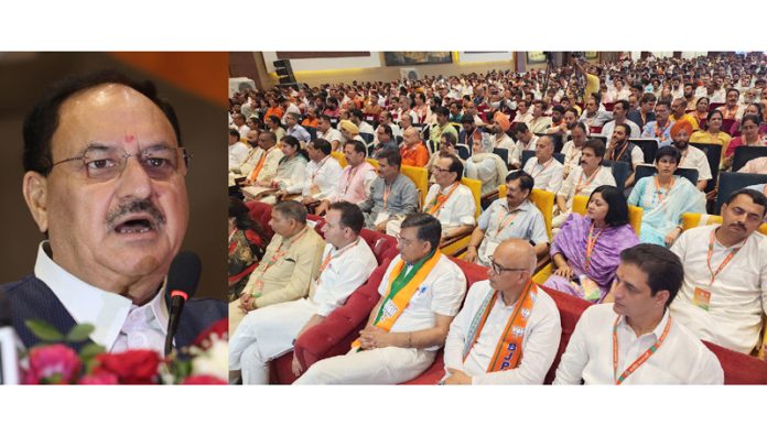BJP national president J P Nadda addressing party’s Working Committee meeting at Mishriwala on Saturday. Another pic on page 4. — Excelsior/ Rakesh