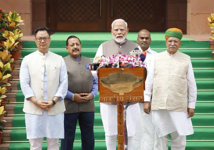 PM Narendra Modi addressing the media at Parliament House on the first day of the budget session. Also seen are Union Ministers Kiren Rijiju, Dr Jitendra Singh, L.Murugan and Arjun Meghwal.