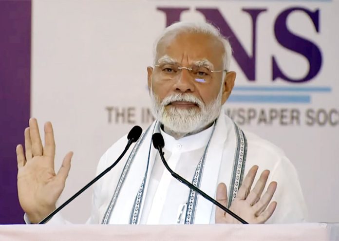 PM Narendra Modi addressing at the INS Towers in Mumbai on Saturday.