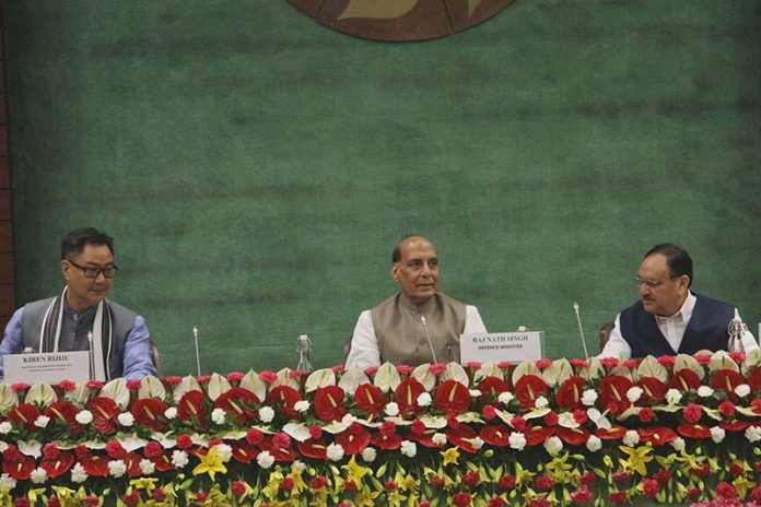 Defence Minister Rajnath Singh, Minister of Parliamentary Affairs Kiren Rijiju and BJP president J P Nadda during a meeting with floor leaders of political parties at Parliament in New Delhi on Sunday. (UNI)