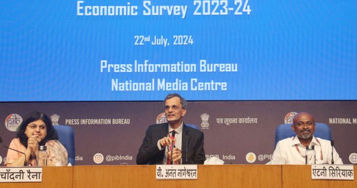 Chief Economic Advisor, V Anantha Nageswaran addressing a press conference on 'Economic Survey 2023-24' in New Delhi on Monday. (UNI)