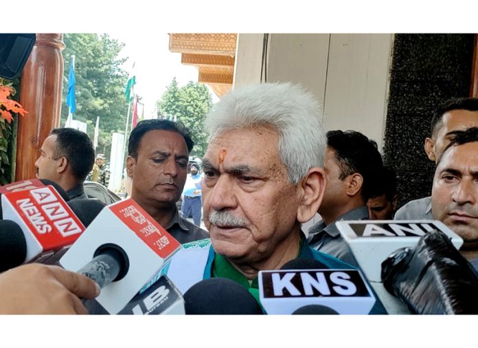LG Manoj Sinha speaking with media persons at SKICC Srinagar on Wednesday. -Excelsior/Shakeel