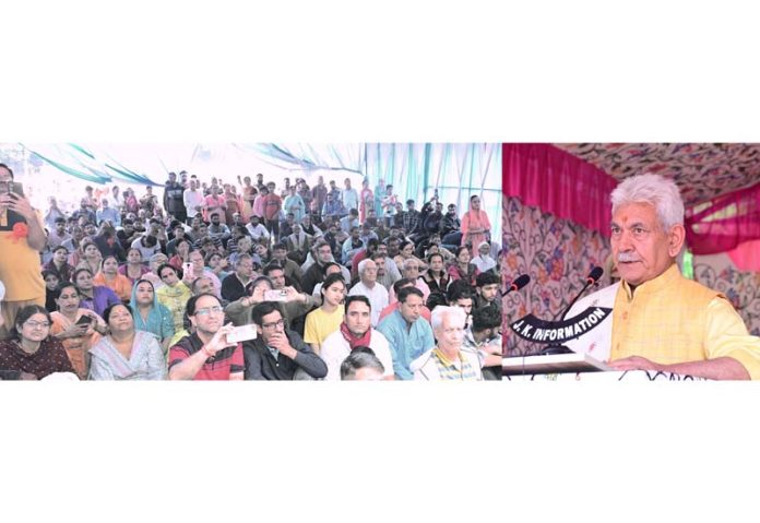 LG Manoj Sinha addressing a function at Sidhlakshmi Shrine Lokbhawan on Thursday. -Excelsior/ Sajjad Dar