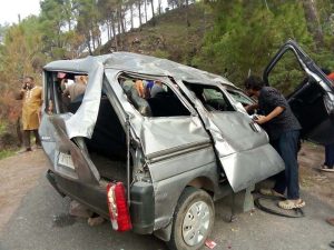 Eeco vehicle badly damaged in Nowshera road accident on Sunday.-Excelsior/Imran