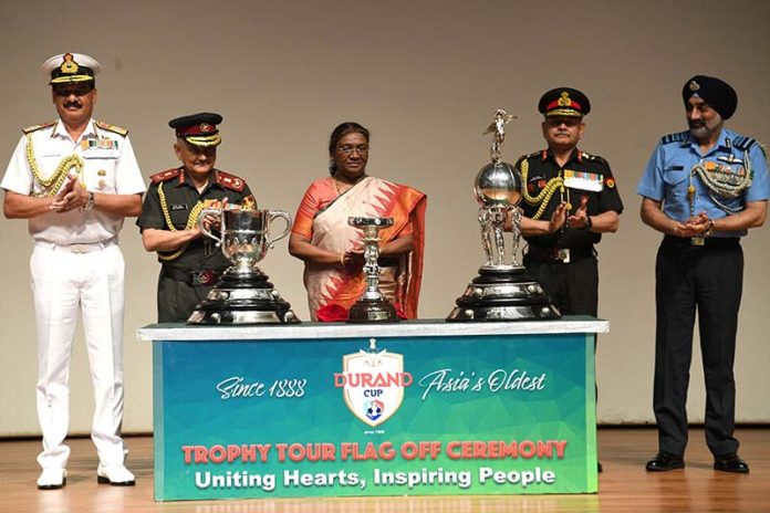 President Droupadi Murmu unveiled and flagged off the Durand Cup, the President’s Cup and Shimla trophy at Rashtrapati Bhavan Cultural Centre in New Delhi on Wednesday.