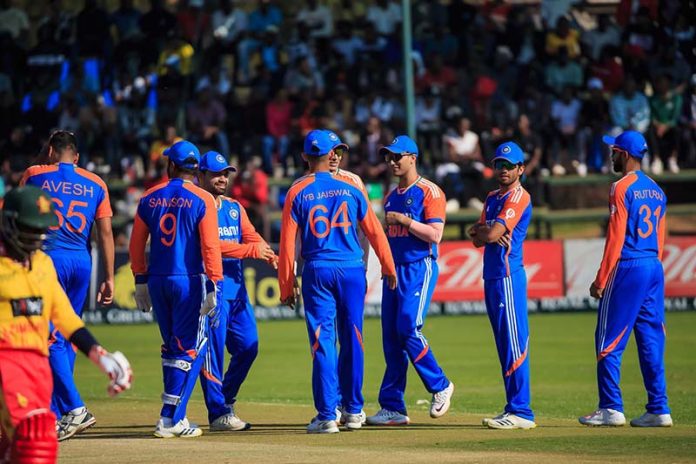 Indian team celebrating after taking wicket against Zimbabwe on Wednesday.