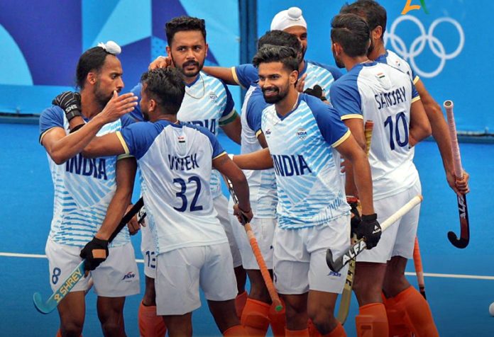 Hockey India team celebrating after defeating New Zealand by 3-2 in Paris Olympics.