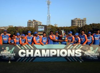 Indian cricket team posing with trophy after defeating Zimbabwe at Harare on Sunday.