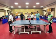 Dignitaries testing their skills during inaugural event of 2nd J&K Ranking Table Tennis Championship at MA Stadium, Jammu.