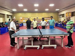 Dignitaries testing their skills during inaugural event of 2nd J&K Ranking Table Tennis Championship at MA Stadium, Jammu.
