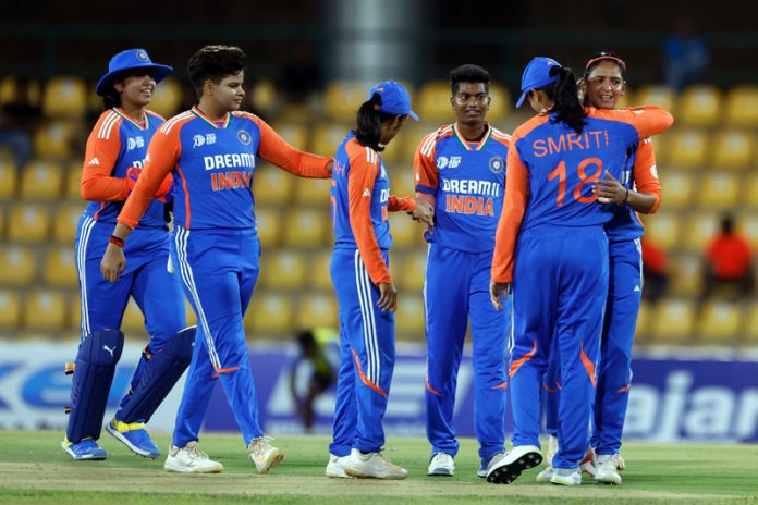 Indian women’s cricket team celebrating victory against arch-rival Pakistan in a Asia Cup T20 match at Dambulla on Friday.