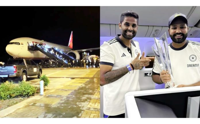 Indian cricket team departing from Barbados (L) and Captain Rohit Sharma alongwith Suryakumar Yadav holding WC trophy (R).