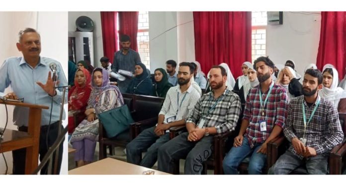 Dr Sanjeev Puri, Joint Director SOTTO, addressing nursing students in GNC Pulwama on Tuesday.