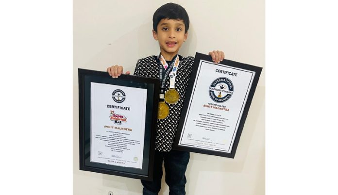 A 6-year-old Avnit Malhotra S/o Vinit Malhotra and Dr Charu Malhotra, a student of class 1D at Jodhamal Public School has set two more remarkable records for the International Book of Records. One is for a world record of 24 front flips completed in one minute while clearing the highest hurdle of one feet and the other is a two-meter long jump in six seconds while clearing six hurdles of one feet in height. He has already won many gold medals in different competitions.