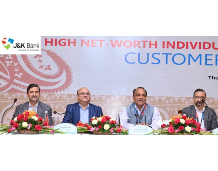 J&K Bank MD & CEO Baldev Prakash during an interaction with HNI customers in Jammu on Friday.