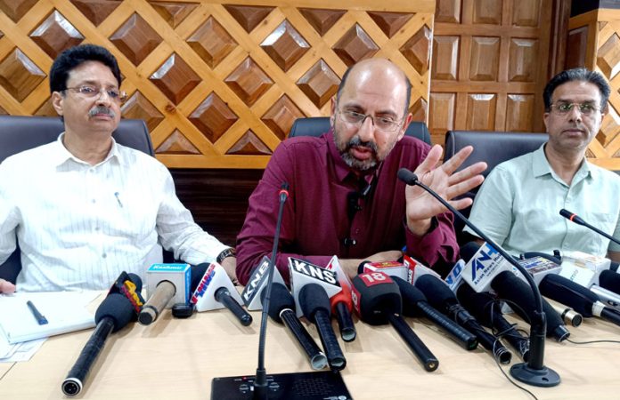 MD KPDCL along with other officials during a press conference in Srinagar on Wednesday. -Excelsior/Shakeel