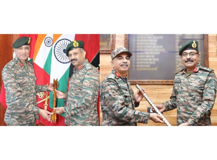 Maj Gen K Mohan Nair taking over as GOC Vajr Division from Maj Gen Girish Kalia (L) Maj Gen Vivek Narang taking over as GOC Kilo Force from Maj Gen Mohit Seth. (R)