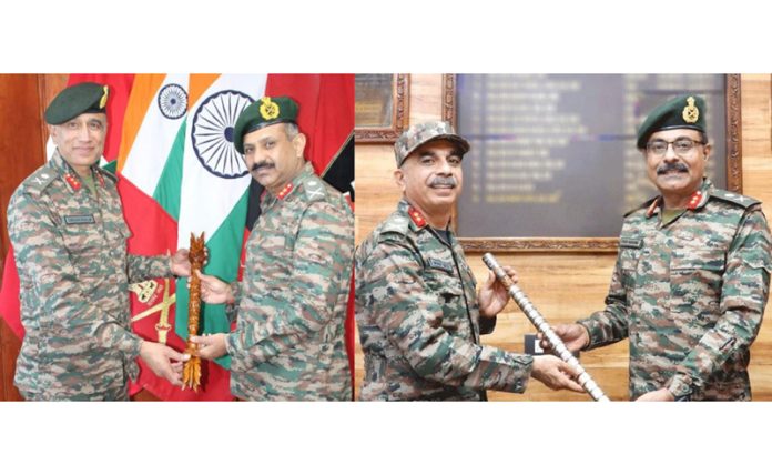 Maj Gen K Mohan Nair taking over as GOC Vajr Division from Maj Gen Girish Kalia (L) Maj Gen Vivek Narang taking over as GOC Kilo Force from Maj Gen Mohit Seth. (R)