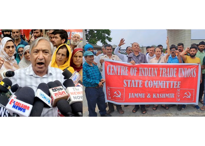 CITU workers protest at Srinagar and Jammu on Wednesday. -Pics by/Shakeel, Rakesh