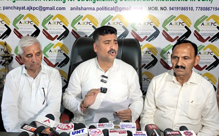 AJKPC president, Anil Sharma addressing press conference in Jammu on Monday. — Excelsior/Rakesh