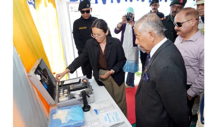 LG B D Mishra inspecting a poster exhibition at Eco-Park in Leh on Tuesday.