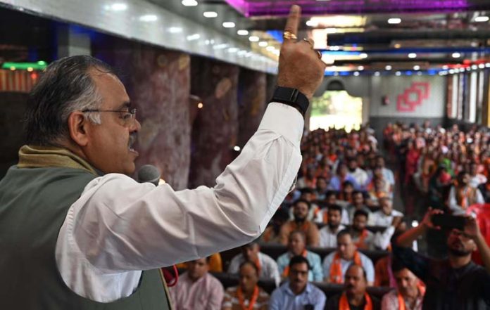 BJP national general secretary, Tarun Chugh addressing a Morcha Sammelan at Ramban on Friday.