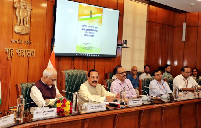 Union Minister Dr Jitendra Singh, flanked by Union Home Secretary Ajay Bhalla, speaking after launching the e-Book Civil List 2024 of IAS officers at New Delhi on Tuesday.