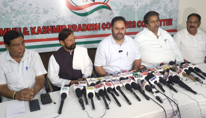 JKPCC chief V R Wani, flanked by others addressing press conference in Jammu. — Excelsior/Rakesh