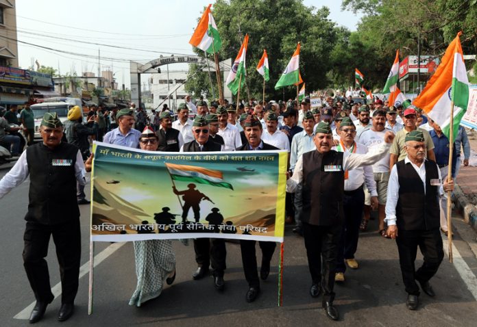 Members of ABPSSP taking out a rally to celebrate Kargil victory in Jammu on Thursday.