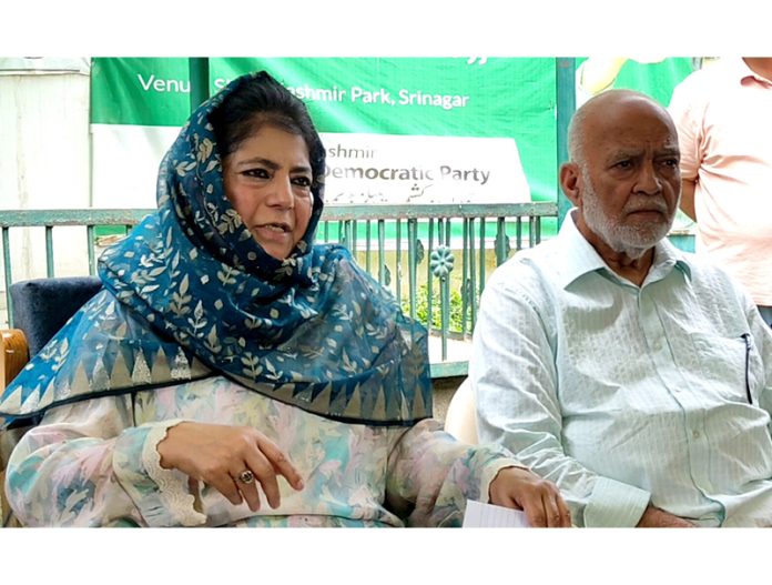 PDP President Mehbooba Mufti during a press conference at party headquarters in Srinagar on Tuesday. — Excelsior/Shakeel