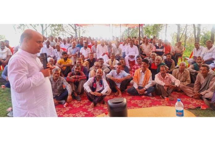 Ex-DyCM Tara Chand addressing public meeting in Chhamb area of district Jammu.