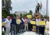 People protesting in Jammu against alleged displacement of statues of Gandhi, Ambedkar from Parliament premises in Delhi.