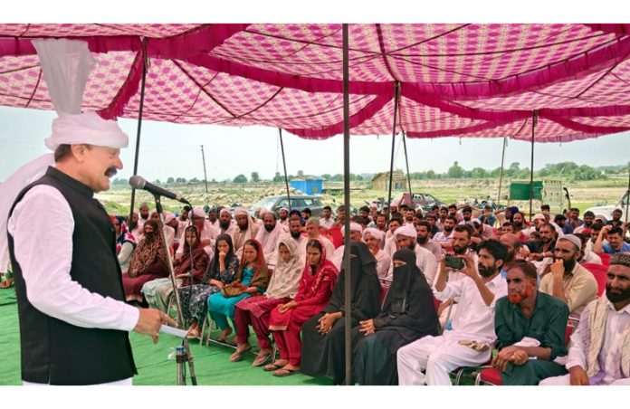 Former Minister, Surjit Singh Slathia addressing a ST Morcha Sammelan at Chak Medu Gujjran in Samba on Tuesday.