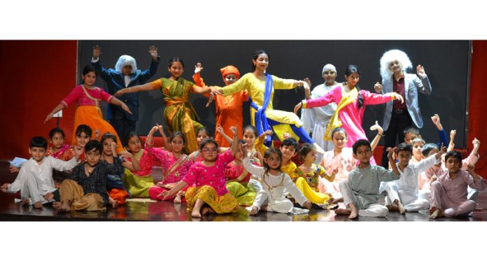 A scene from play ‘Vishaw Guru Bharat’ staged by children at GCW Parade on Sunday.