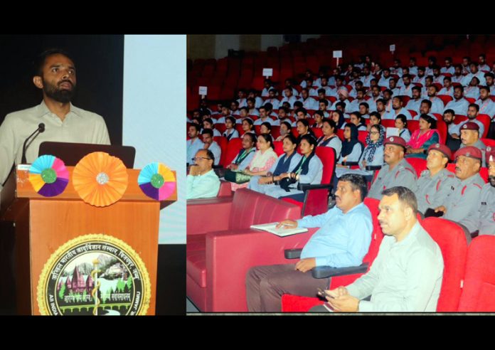 An expert addressing supporting staff of AIIMS Jammu during an awareness session on “Safe Use of Elevator and Escalator”.