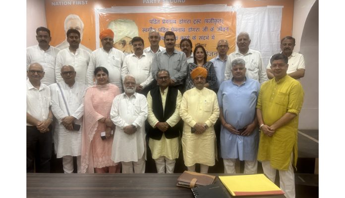 Ex-Dy Chief Minister, Prof Nirmal Singh posing along with others during a function in Jammu on Tuesday.
