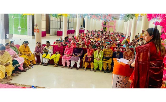 BJP district president Jammu South Rekha Mahajan addressing a programme of Mahila in Jammu on Friday.