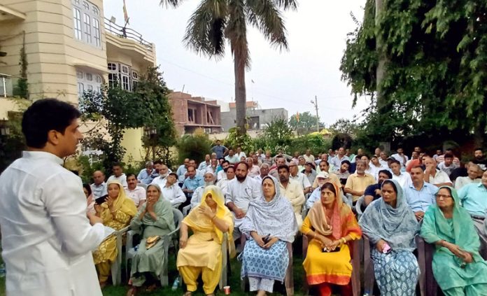 National gen secy of IYC, Uday Chib addressing Cong workers meeting in Jammu North on Tuesday.