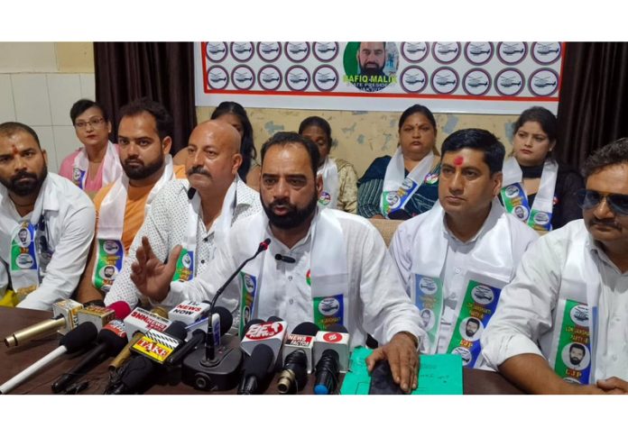 State president of LJSP J&K, Rafiq Malik along with other party leaders addressing a press conference at Jammu.