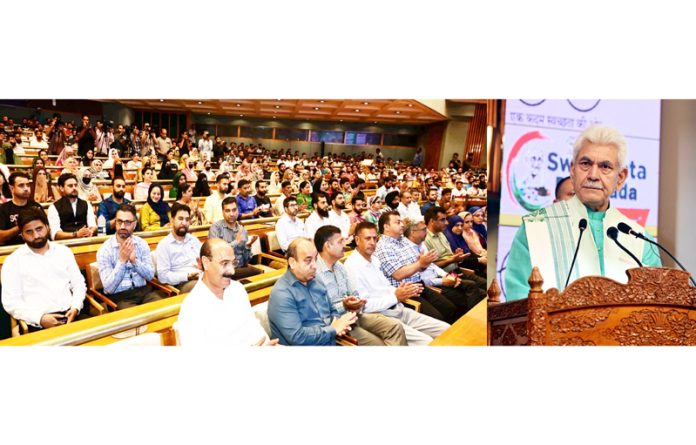 LG Manoj Sinha addressing gathering during the launch of Swachhta Pakhwada on Wednesday.